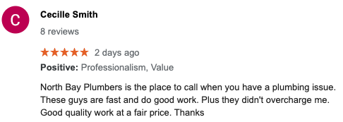 Google Review for North Bay Plumbers