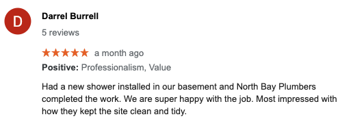 Google Review for North Bay Plumbers