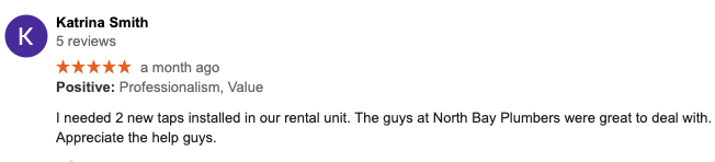 Google Review for North Bay Plumbers